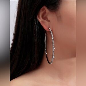 Elegant Black Silver Hoop Earrings Sparkly Rhinestones
